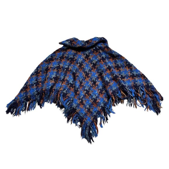 70s Vintage Wool Sweater Cape Arolan Kutomo Finland Boho Hippie Fringe Plaid. - Picture 6 of 13